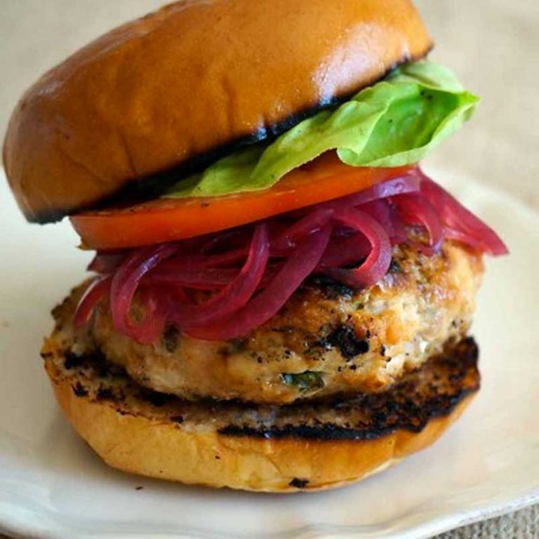 Grilled Cheesy Turkey Burgers with QuickPickled Red Onions