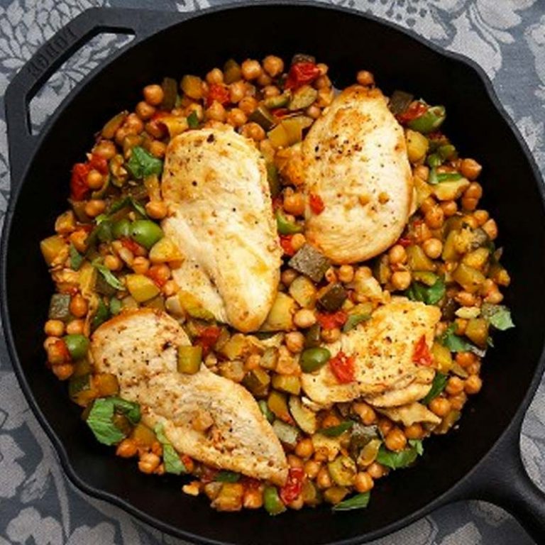 Mediterranean Chicken Skillet with Zucchini, Chickpeas, Olives and Tomatoes