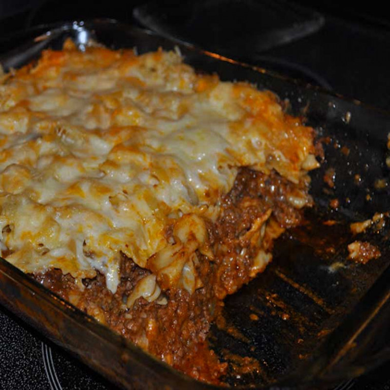 Cheesy Layered Ground Beef & Pasta Casserole