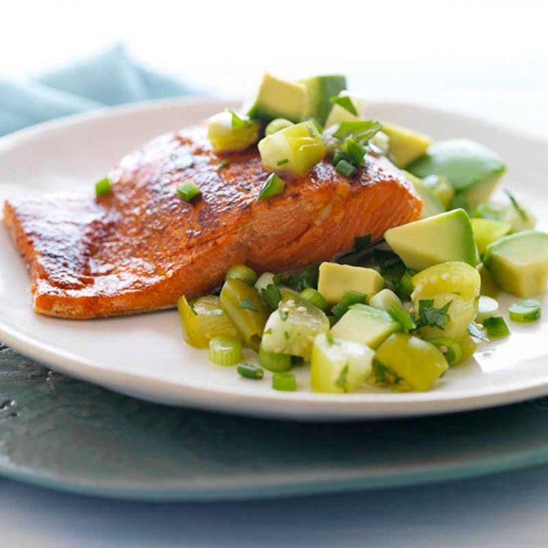 Chili Rubbed Salmon with Cilantro Avocado Salsa