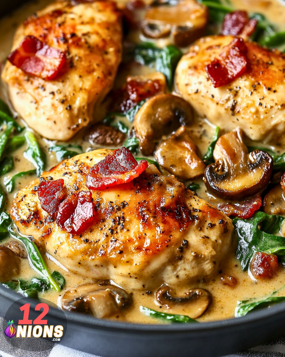 Creamy Balsamic Spinach Bacon Mushroom Chicken Recipe