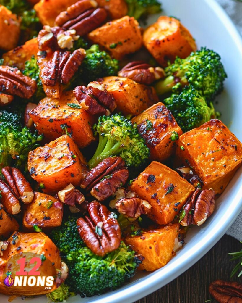 Roasted Sweet Potatoes, Broccoli, and Pecans Recipe